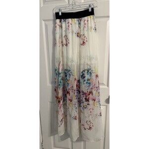 Bebe Women's Print Full Double Slit Skirt Sz S Multicolor Whimsical Fairy Cute